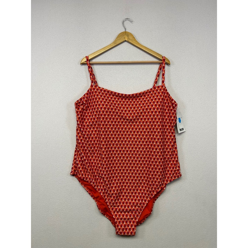 Retro Mod Time and Tru Women 3X Red Geometric Cheeky High Leg One Piece Swimsuit